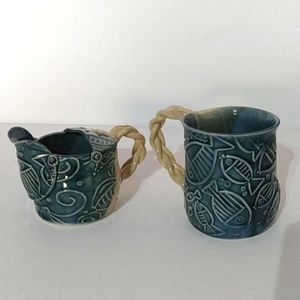 Handmade glazed Pottery cup and creamer 2 pcs